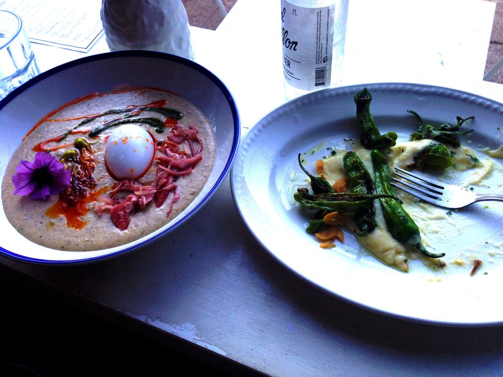 Shishito peppers and grits - creme and pickles - lunch at The Vandal
