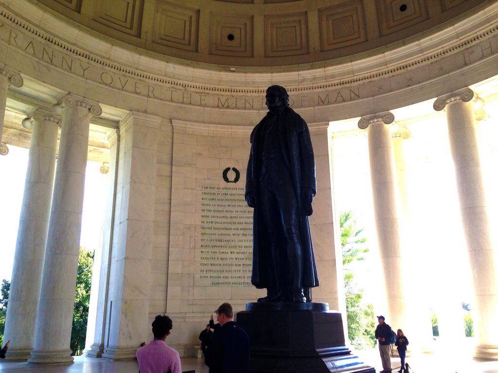 Where inside Jefferson towers surrounded by his words